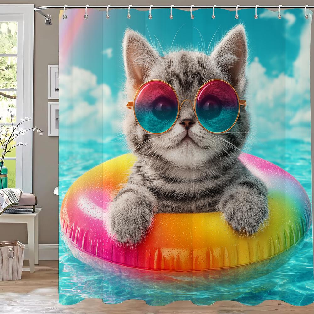 1pc Funny and Creative Surfing Cat and Dog Shower Curtain,Cartoon Bathroom Curtain,Home Polyester Decoration Curtain With Hooks