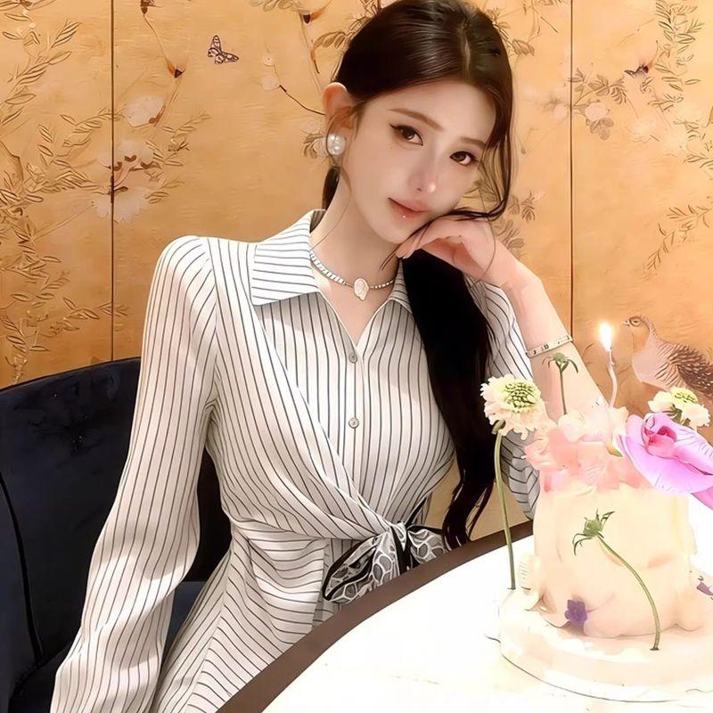 2026 Spring New White Striped Tie-Up Shirt with Unique Design, Versatile French-Style Chic Top for Commuting White Striped Shirt S