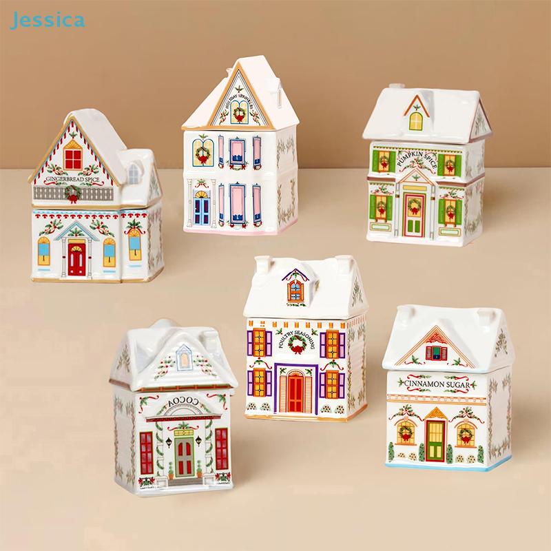 Christmas Holiday Village Spice House Set-Mini Gingerbread Houses Jars Festive Decor Kitchen Countertop Christmas Candle