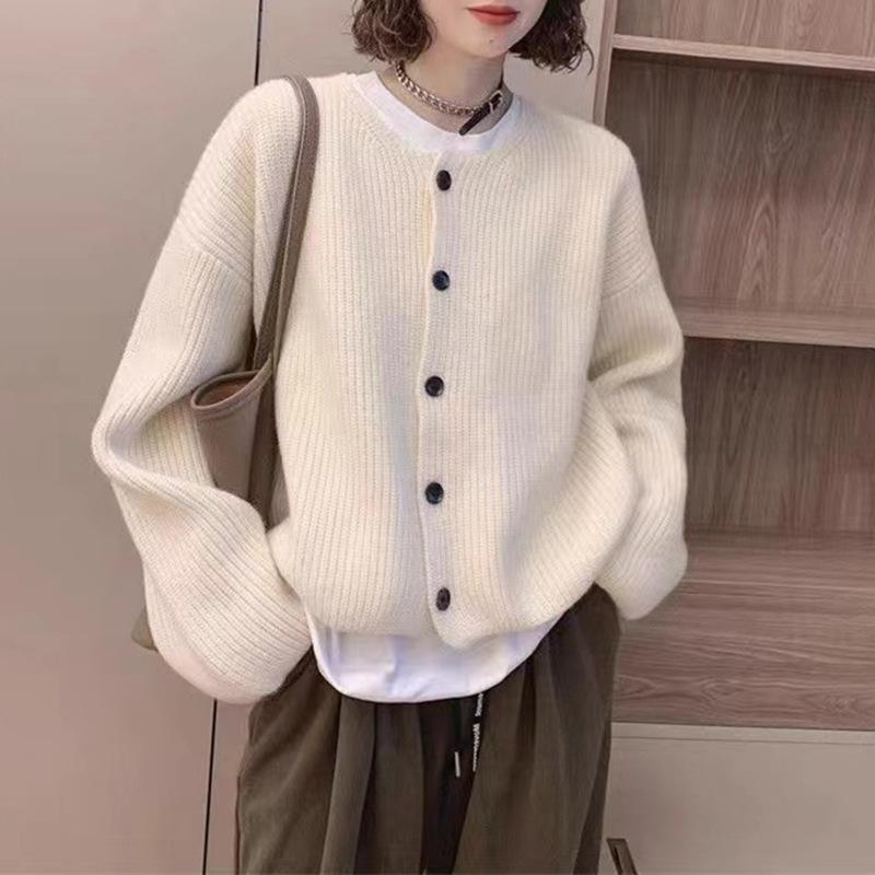 

Short solid color knitted sweater jacket for women s autumn and winter new loose and simple round neck knitted cardigan for women one size fits all