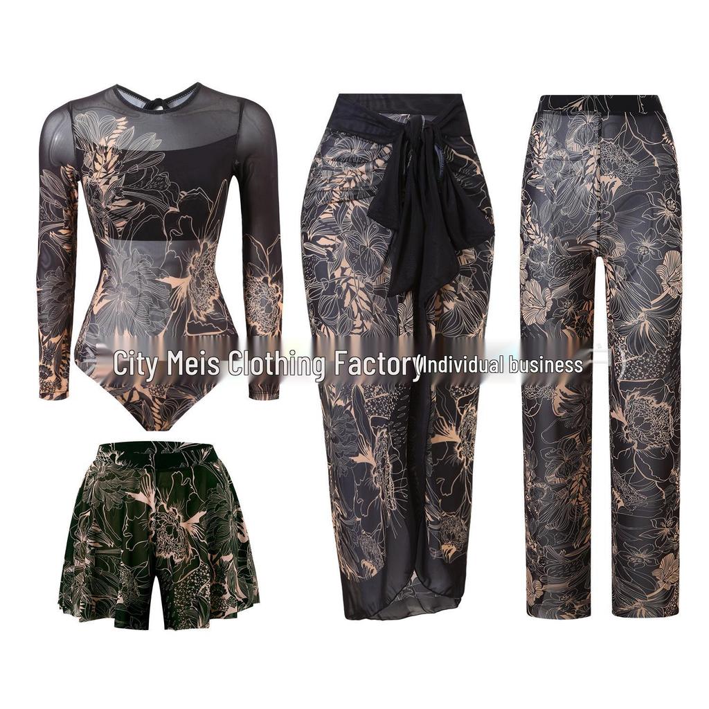 Women's Four-Piece Sun Protection Swimsuit Set with Long-Sleeved Top and Mesh Pants