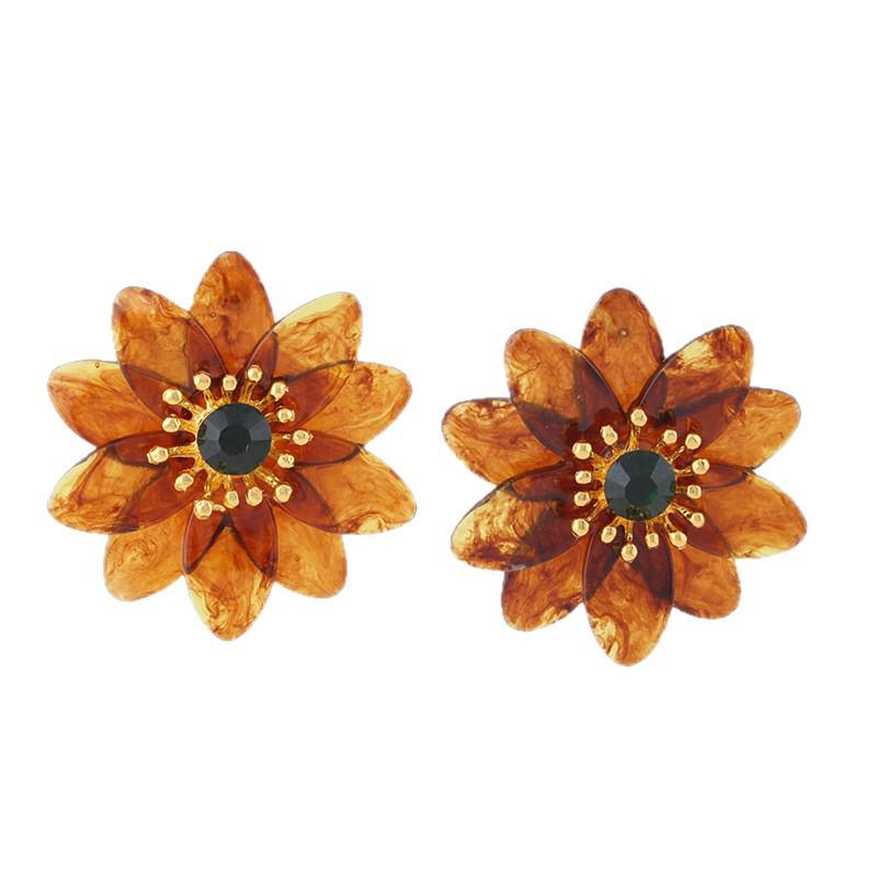 

Caramel Flower Resin Earrings with Gold Center & Green Rhinestones - Versatile Women s Accessory