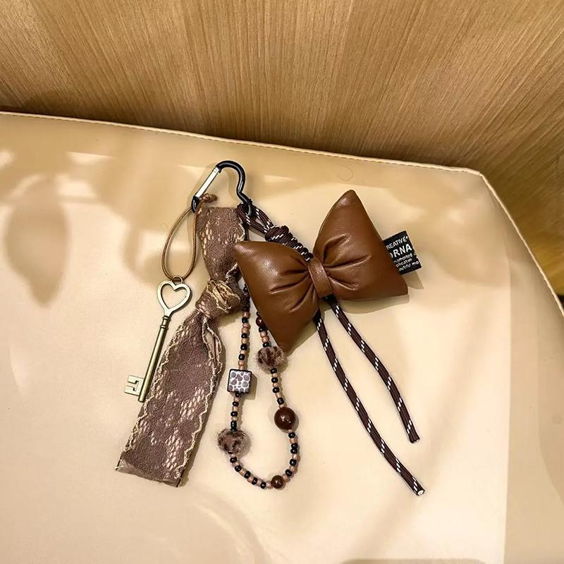 Sweet Quilted Leather Bow Keychain Organizer Cute Mini Bag Charm for Girls Sweet Korean Bow Key Holder with Pendant