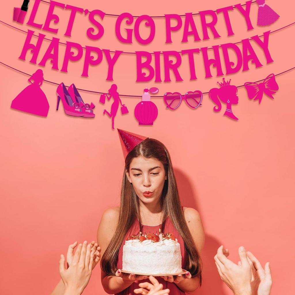 Let's Go Party Happy Birthday Banners for Women, Hot Pink Princess Banners for Girl Doll Theme Party Ladies Birthday, Cute Photo Backdrop, 21st Bday