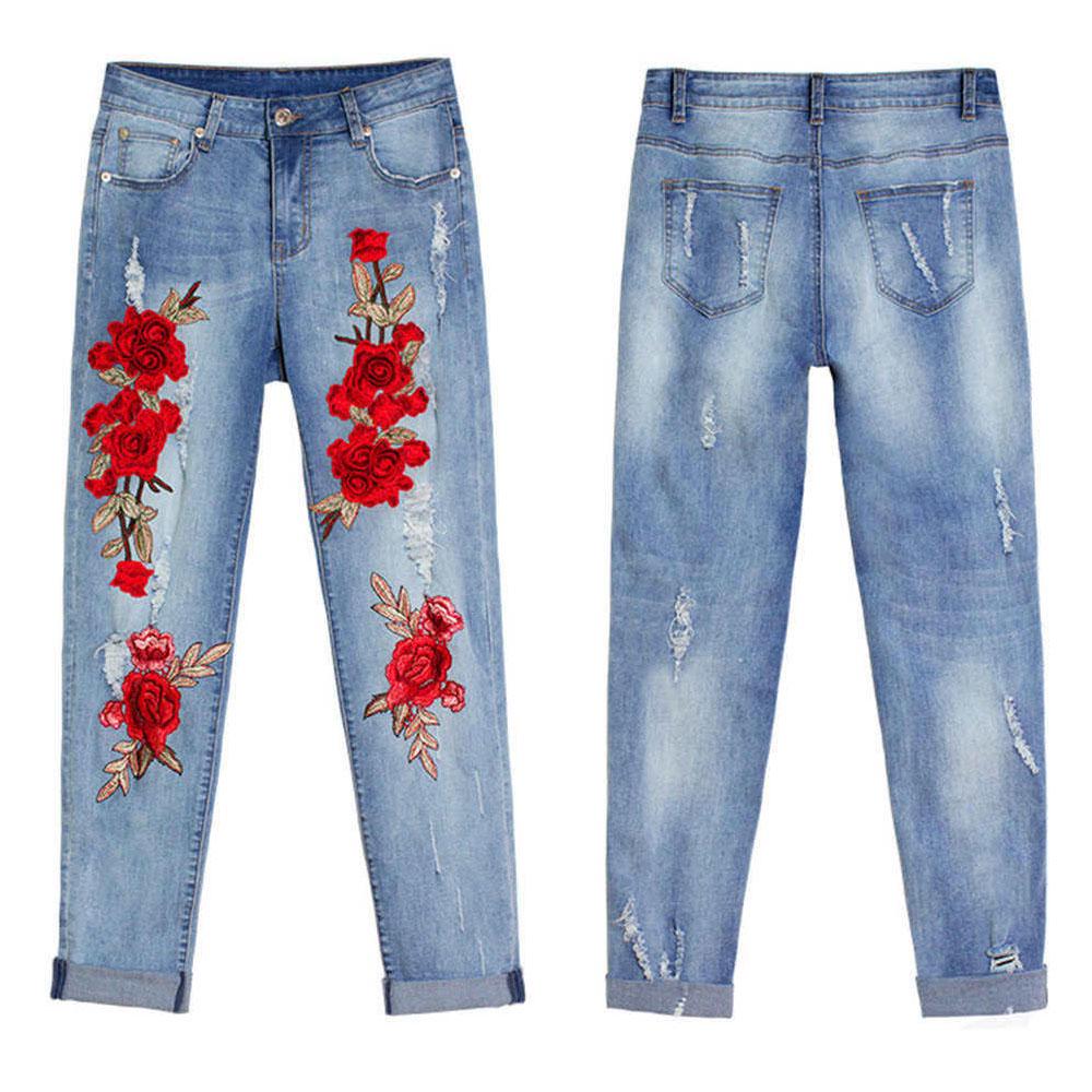 Ripped Ankle Skinny Embroidery Jeans 