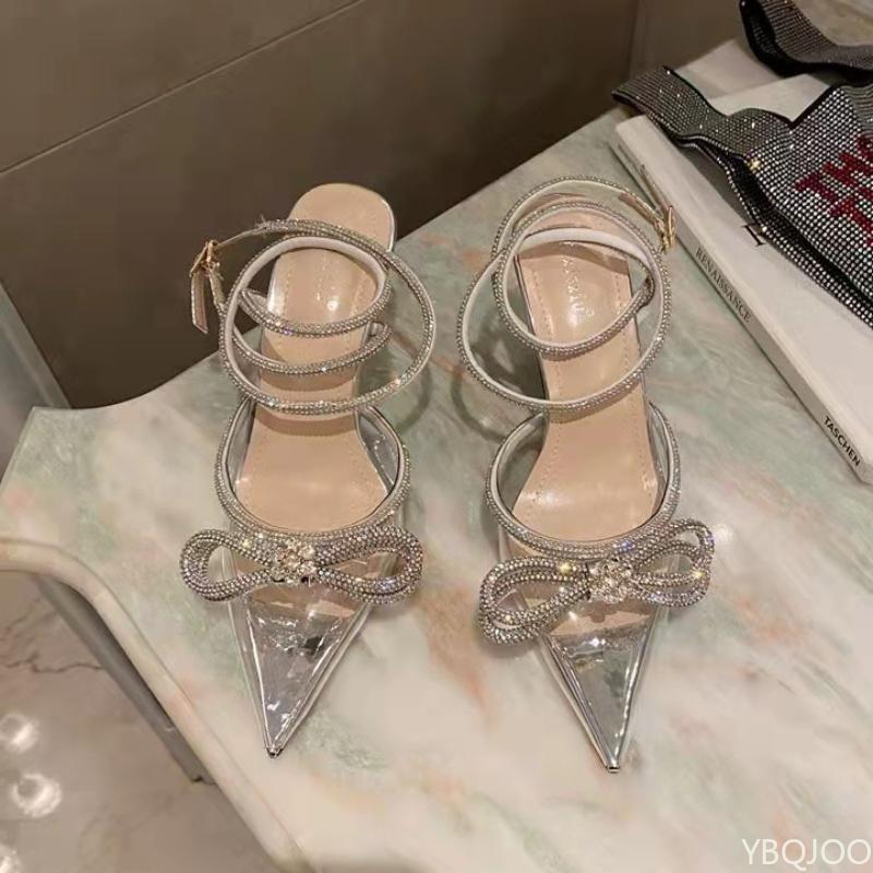 Women New Silk Sandals Fashion Party Prom Shoes Glitter Rhinestones Crystal Bow Pointed Toe Shoes Thin Buckle Strap High Heels