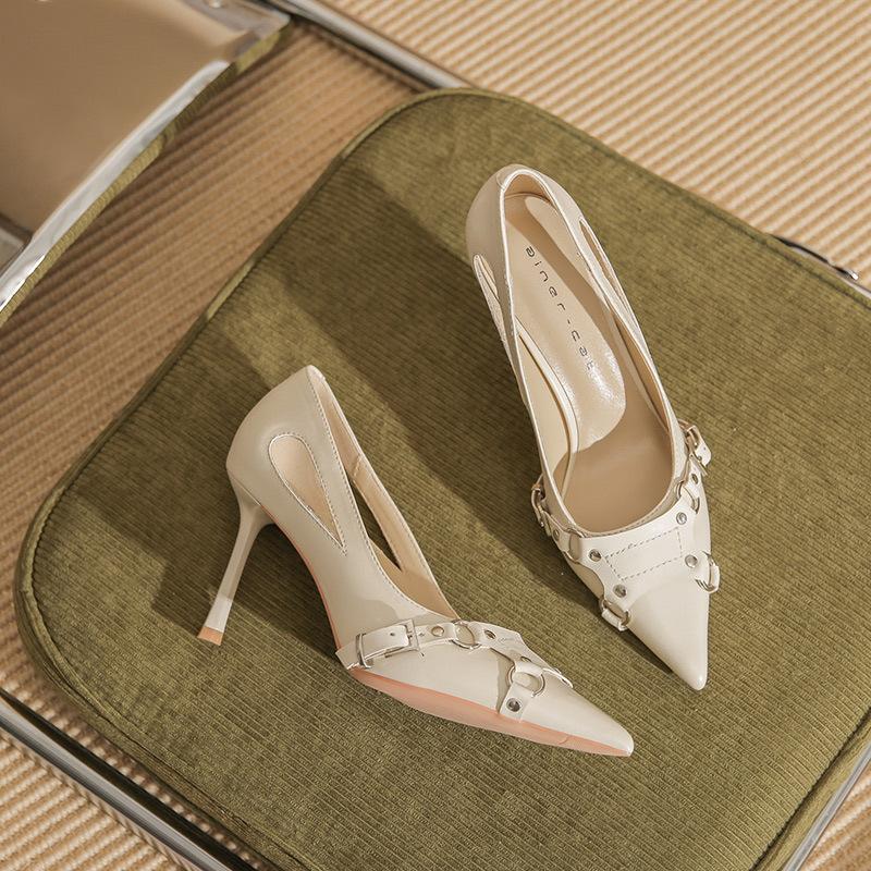 8588 [sheepskin] High Heels Women's Thin Heels Spring 2025 New Versatile Punk Style Pointed Head Empty Single Shoes