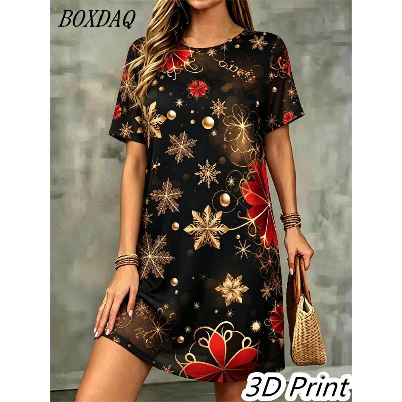 Sommer Damen 3D-Druck Kurzarmkleid Weihnachtsoutfit
