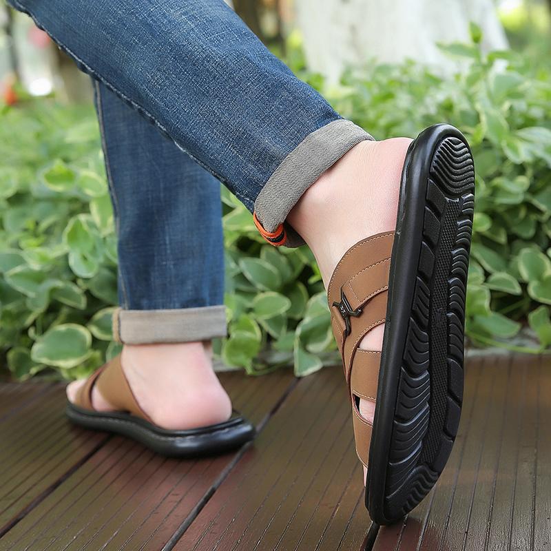 Men Black Leather Slippers Simple Flats Summer Brown Outdoor Roman Sandals Outdoor Beach Shoes Over Sized