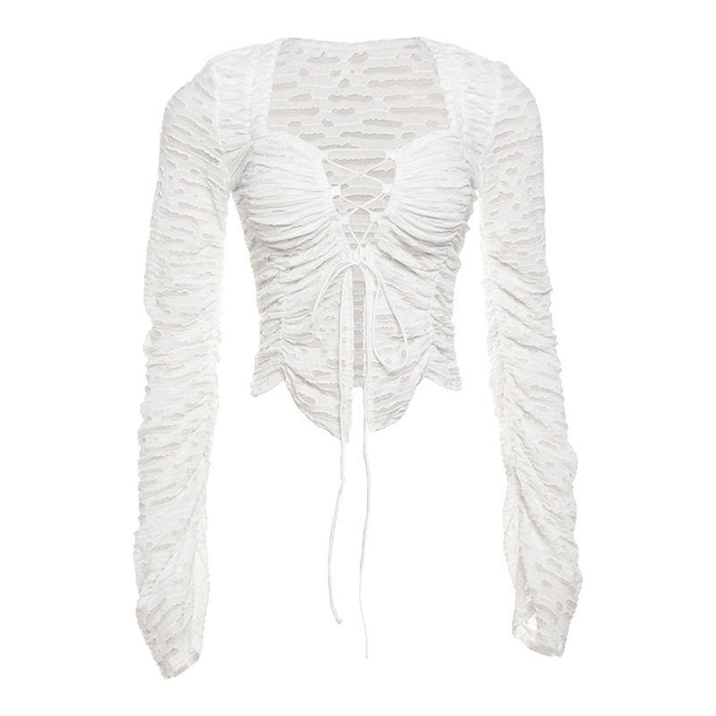 

Tie up Cardigan Jacket2025 European and American New Women Sexy Hollow Strap Long sleeve Cardigan Outerwear White S