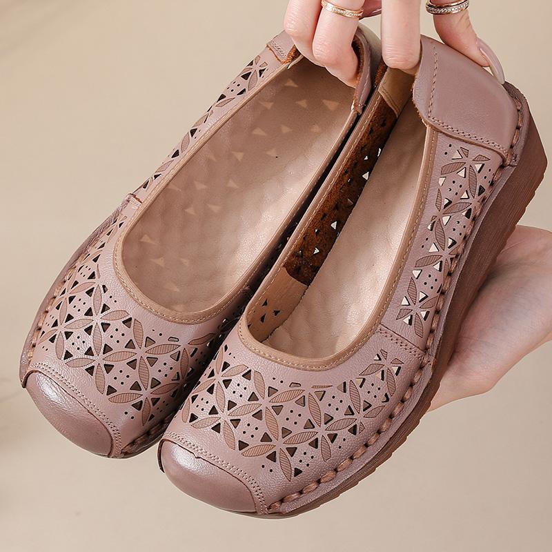 New genuine leather wedged sandals women's breathable summer autumn shoes elderly woman slip on shallow moccasins ladies sandal