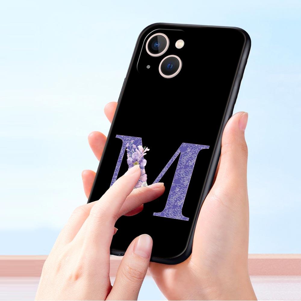 Letters Purple Flower Phone Case For iPhone 17 16 15 Pro Max 11 12 13 14 7 8 Plus SE 2020 X XR XS Cover Soft Black