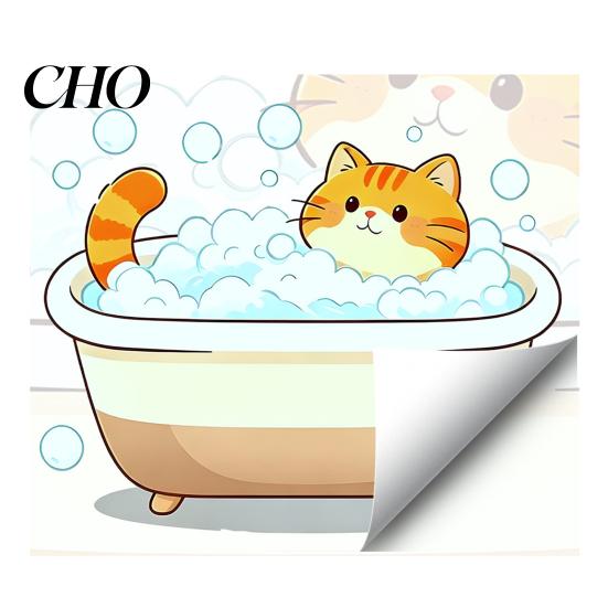Non-damaging Wall Decal Cartoon Cat Sticker, Funny Orange Bathing/Licking Decal, PVC Sticker Peel And Stick Self-Adhesive Room Mural for Kitchen, A