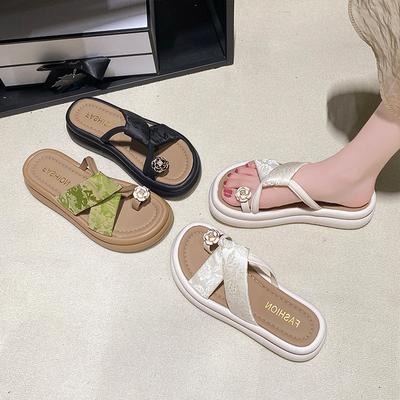 Set of Toe Slippers Women's Outer Wear Summer 2025 New Fashion French Casual Thick Bottom Medium Heel Beach Roman Super Fire Sandals