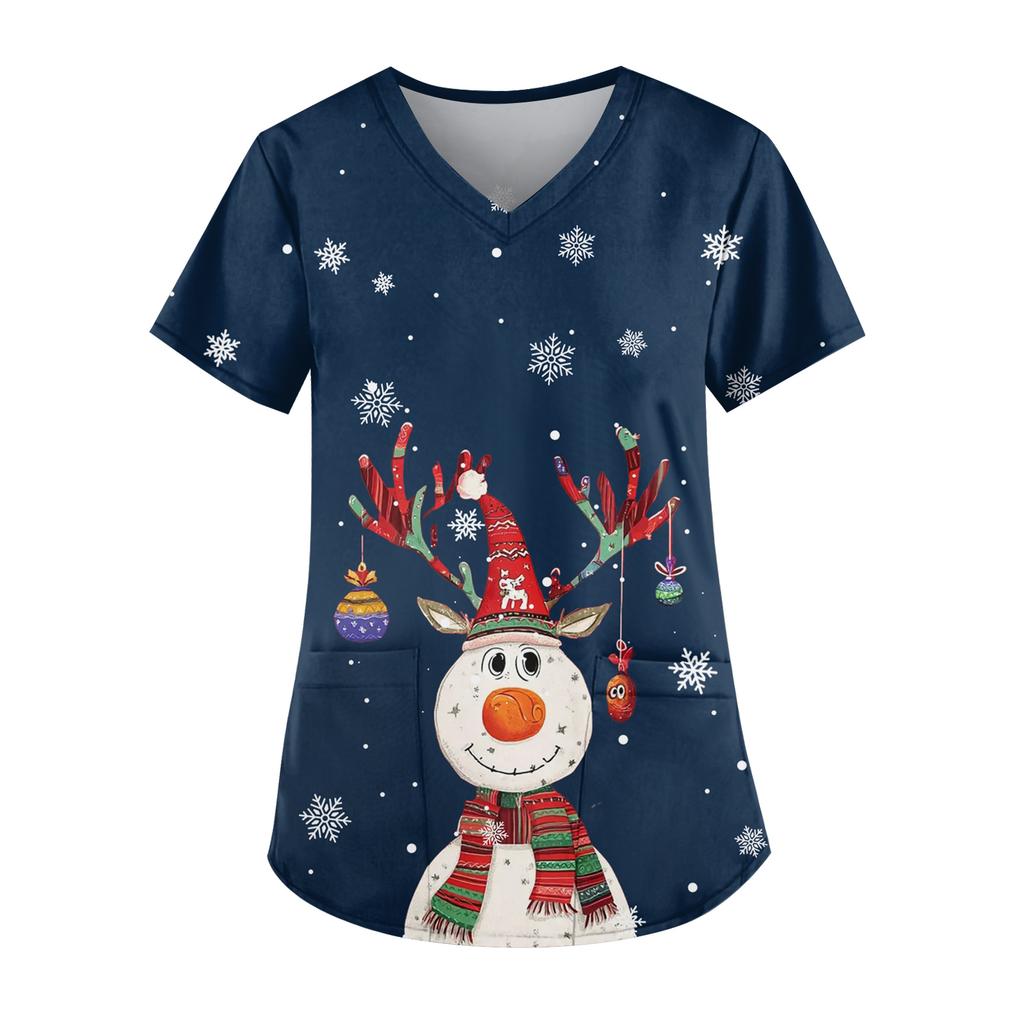 Ladies' Fashionable V-neck Pocket Short Sleeved Christmas Tree Printed Caregiver Uniform
