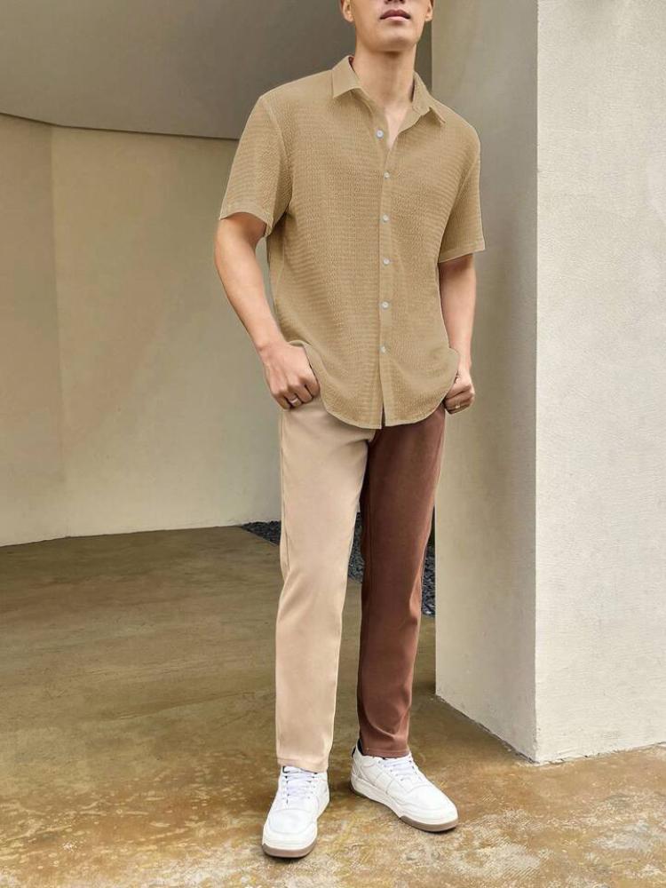 Men's Solid Color Summer Thin Pleated Feng Shui Ripple Breathable Short Sleeved Casual Shirt