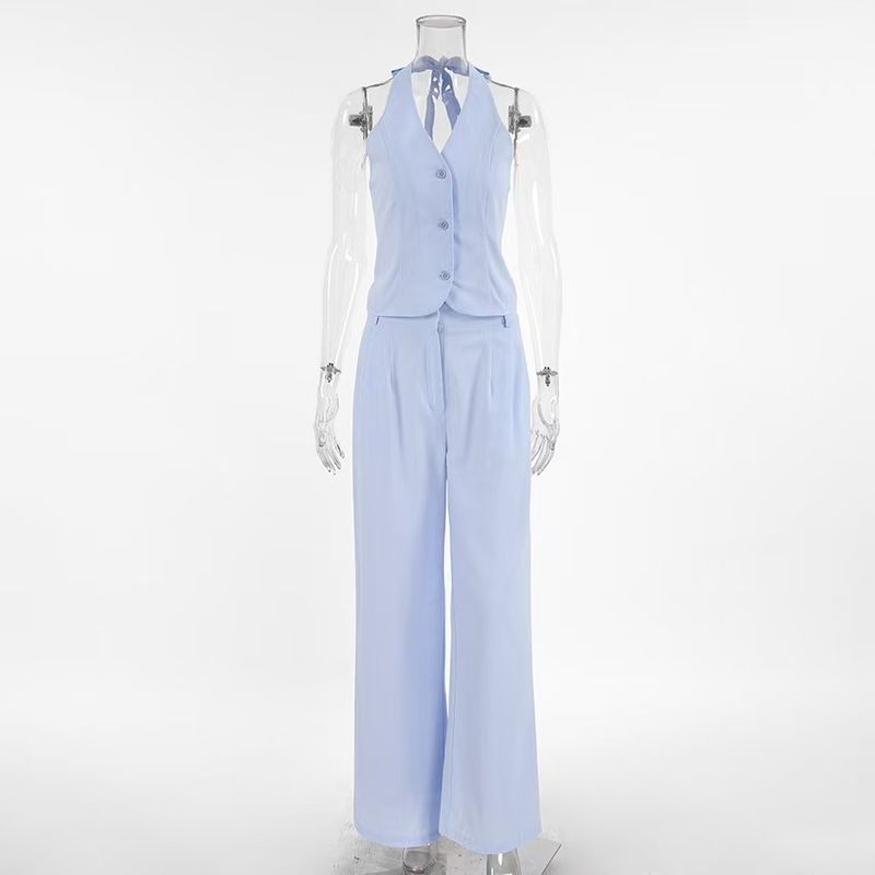 

Fashion Wind New Arrival Sexy Halter Vest Pants Suit Halter Vest and Pants Suit Set Blue L