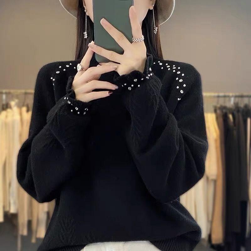 Women's Turtleneck Sweater Autumn Winter Beaded Loose Sweater Solid Color Pullover Knit Top