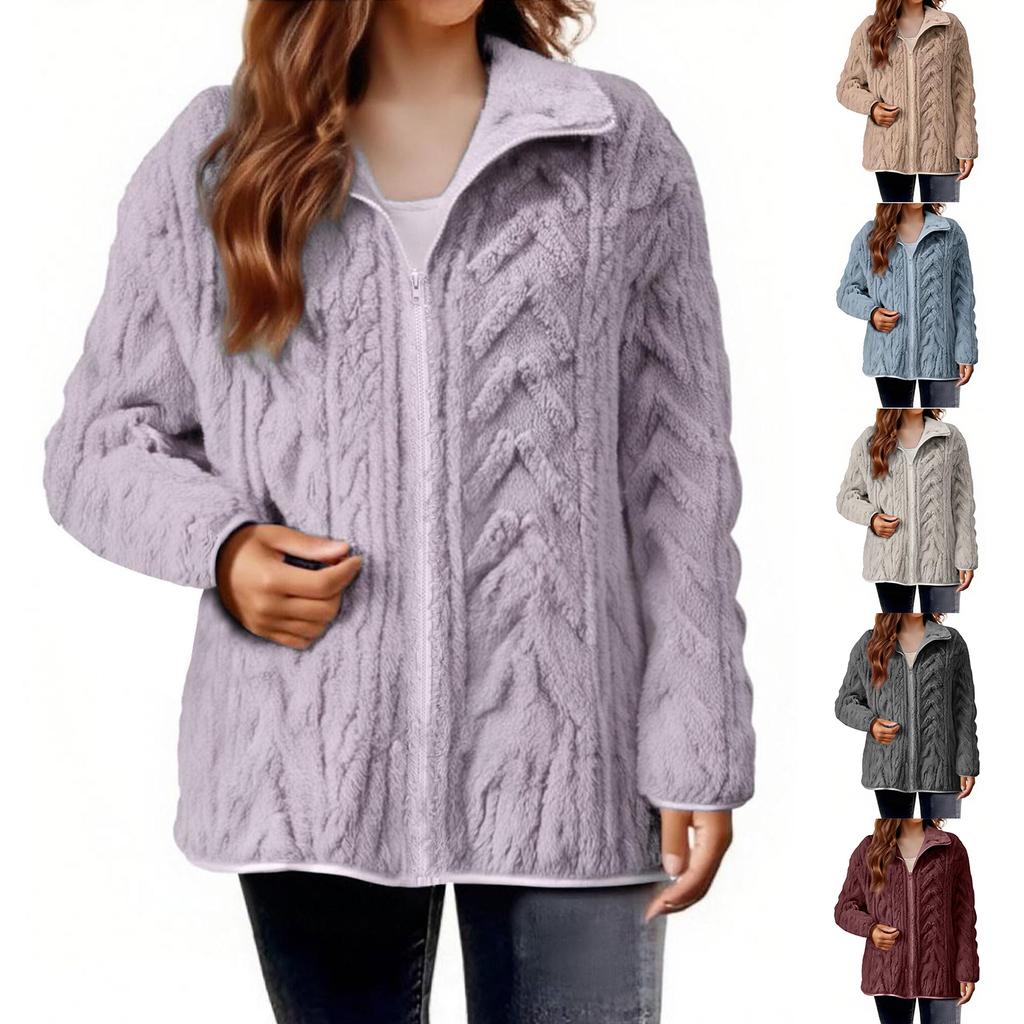 Women's Casual Zipper Knitted Stand Collar Sweater Long Sleeve Warm Coat