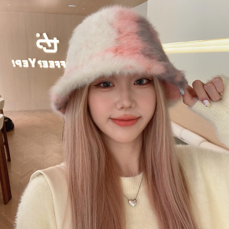New autumn and winter high-end tie-dye rabbit hair contrasting color hair bucket hat women's outdoor travel fashion basin hat