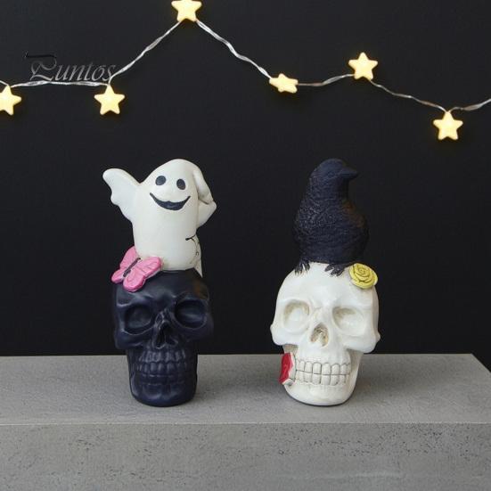 Creepy Party Table Decorations Gothic Halloween Skull Figurine, Spooky Ghost/Raven on Statue, Dark Aesthetic Room Decor Resin Tabletop Ornament