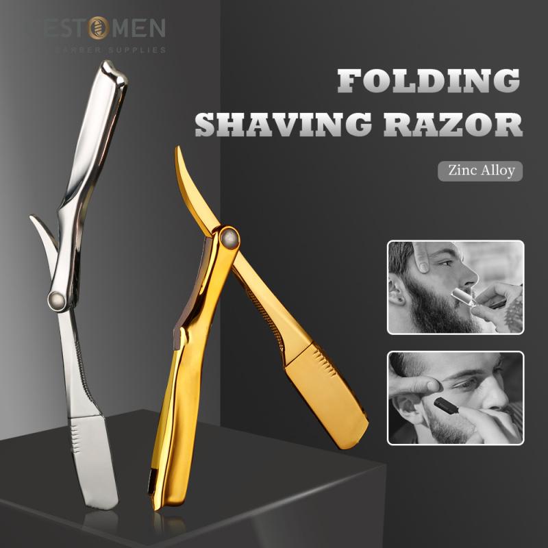 CESTOMEN Men Shaving Barber Tools Hair Razor Plating Folding Shaver Knife Zinc Alloy Straight Edge Safety Razor Barbearia Razor Blade Holder