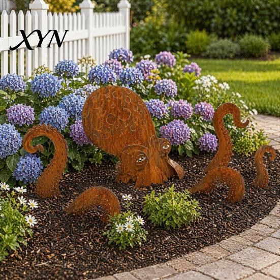 Octopus Garden Ornament Rust Patina Giant Squid Sculpture, 3D Metal Nautical Outdoor Pond Edge Decoration Statue for Patio Lawn Beach House
