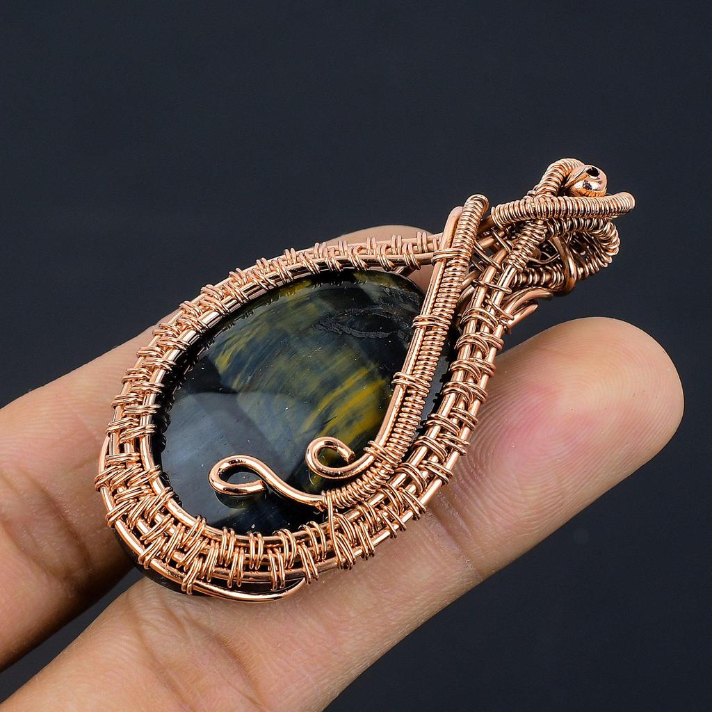 Blue Tiger Eye Pendant, 999 Copper Wire Wrapped Pendant Jewelry. Gift For Women Handmade Pendant Gemstone Jewelry
