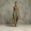 New European and American Style Neck Solid Color Chiffon Holiday Style Waist Temperament Thin Pleated Dress