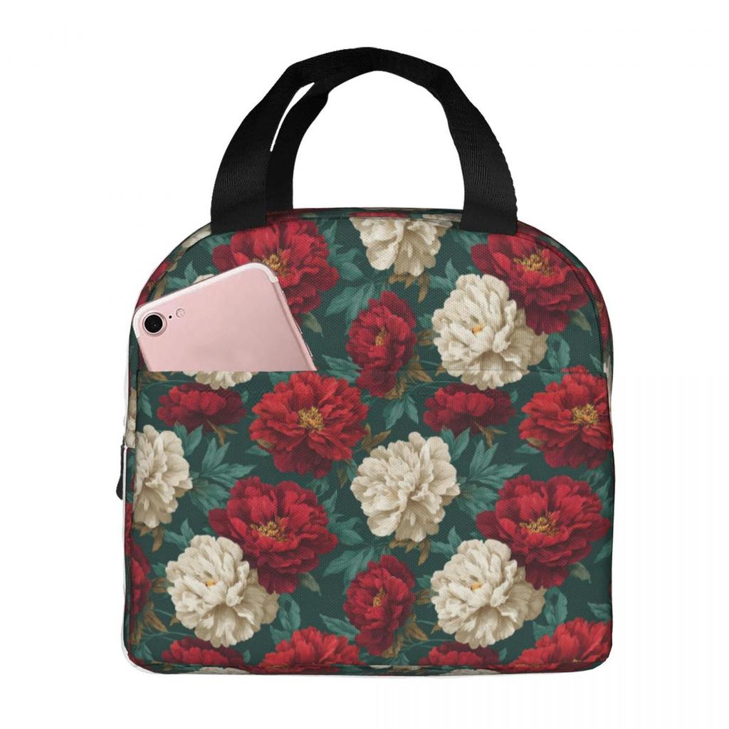Elegant Red And White Peony Floral Nightgarden Insulated Lunch Bag for Women Kids Portable Food Boxes Thermal Lunch Box Tote