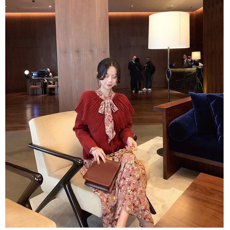 Damen Blumen Chiffonkleid - Mittellang, Französischer Retro-Stil für Frühling, Herbst und Winter