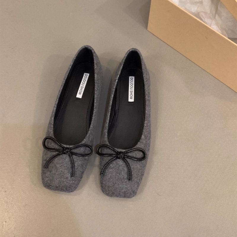 Flat Bottom Square Head Bow Doudou Single Shoes Women's Shoes 2025 New Spring, Autumn and Winter French Suede Gentle Evening Shoes