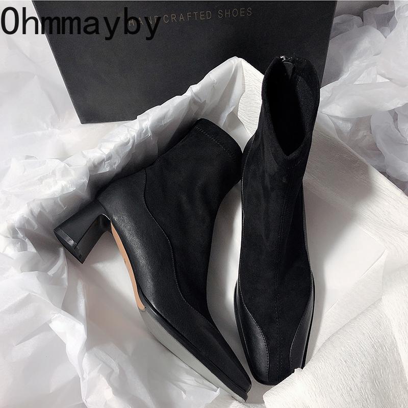 Autumn Vintage Thick Heel Women Ankle Boots Fashion Back Zippers Shoes Ladies Elegant Stretch Slim Short Booties