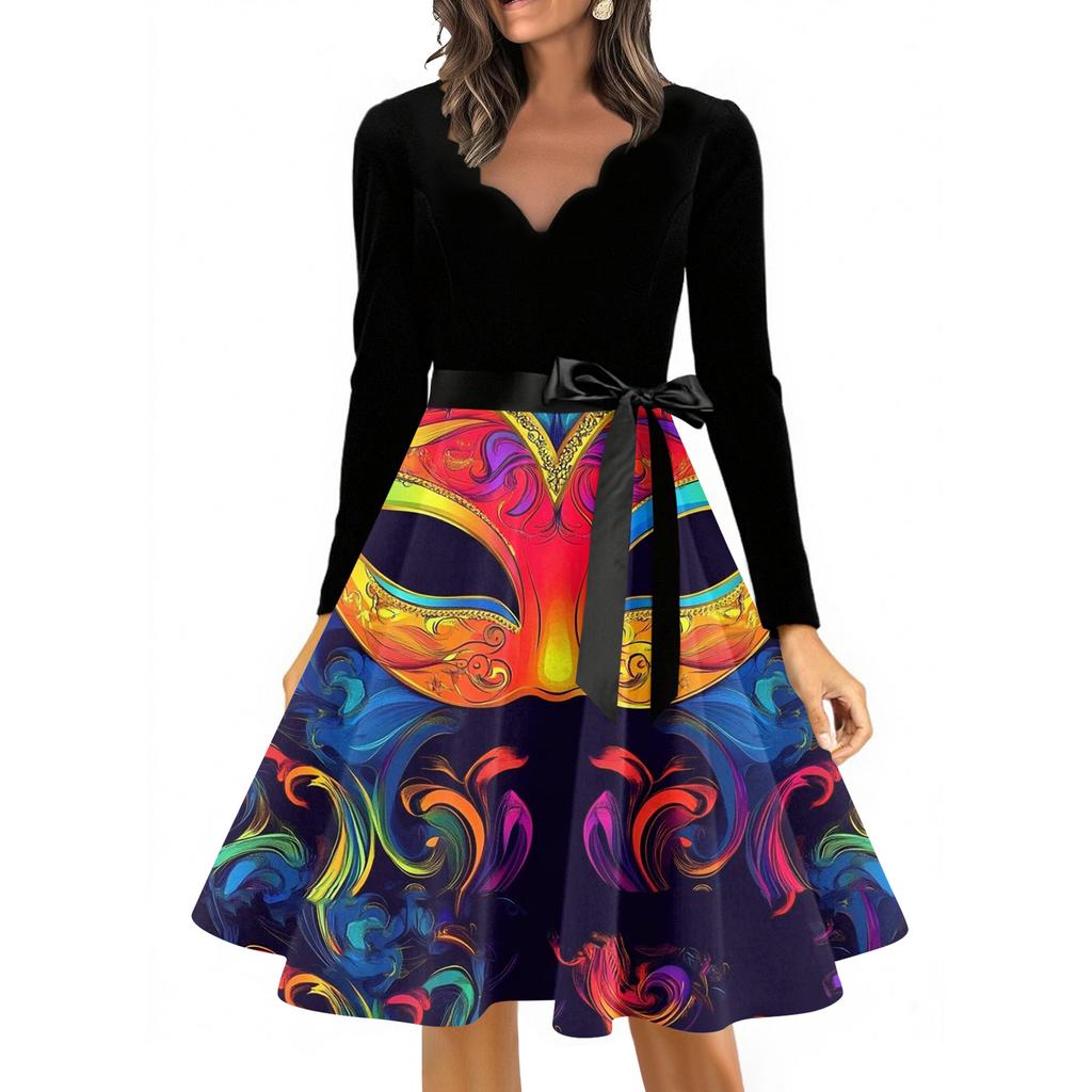 Women's Casual Fashion V Neck Long Sleeve Printed Vintage Long Dress