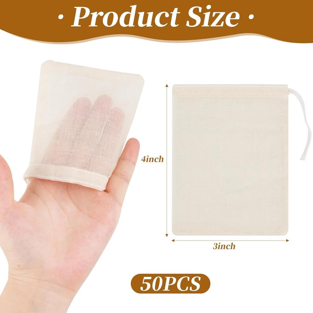 50 Pcs Muslin Drawstring Bags Reble Tea Bags Natural Cotton Unbleached Small Cheese Cloth Bag for Cooking Straining Soup Sachet Coffee Tea Brew Spice