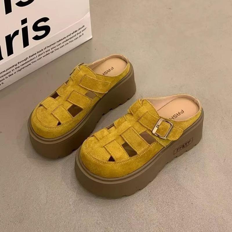 

Thick bottom increases the height of the bag head half-drag women s summer outer wear new one-pedal small slippers trend 40 жёлтый