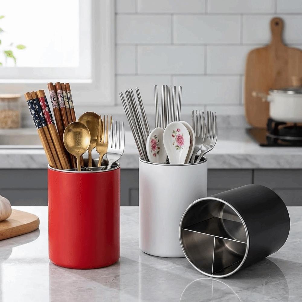 Stainless Steel Rotating Chopstick Tube Detachable 3 Divided Chopstick Spoon Storage Rack Large Capacity Space Saving