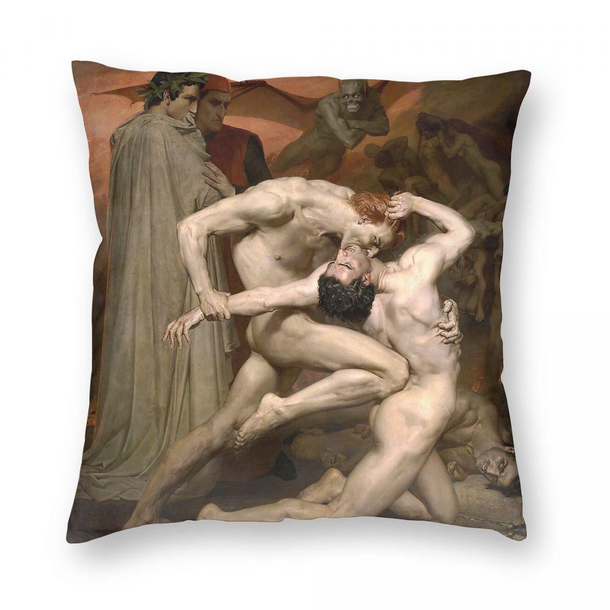 Dante And Virgil William Bouguereau Square Pillowcase Polyester Linen Velvet Pattern Zip Pillow Case Home Cushion Cover 45X45 Peach skin 18*18(CM)-1Pcs