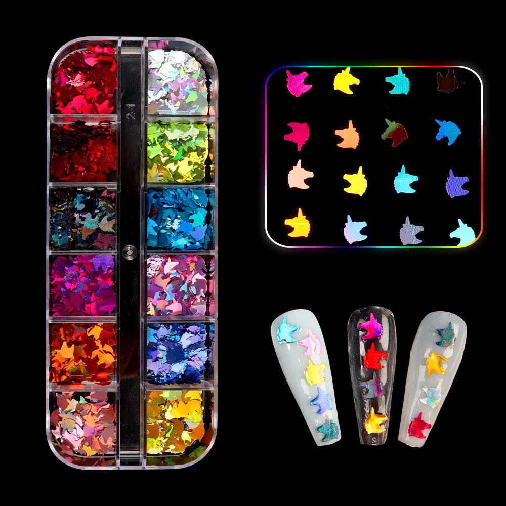 Nagelglitzer-Pailletten, 12 Gitter/Box, Zellstoff, unregelmäßige Flocken, Nagelglitzer, glänzender Laser, mehrfarbig, Nagelkunst-Dekoration