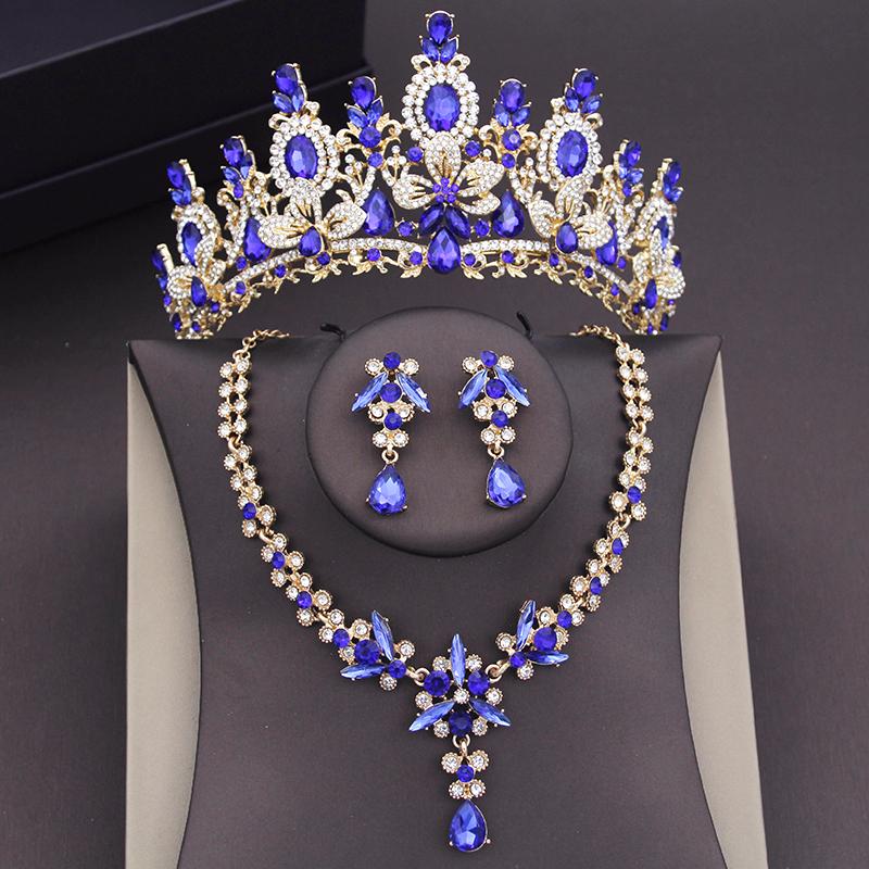 Red Crystal Bridal Jewelry Sets for Women Crown Choker Necklace Tiaras Sets Wedding Prom Bride Costume Jewelry Accessories