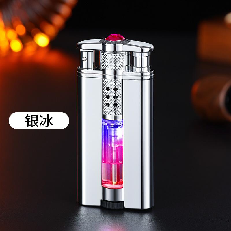 Windproof Diamond Studded Straight Forward Lighter Blue Flame Inflatable Lighter with Visible Gas LED Light Gift for Boys