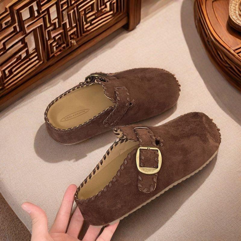 Cowhide version Korean inner heightening platform half slippers women's 2025 autumn round head retro casual lazy boken shoes