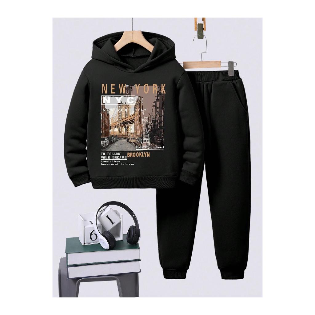 Set de trening pentru bărbați, albastru bleumarin, supradimensionat, imprimat NYC