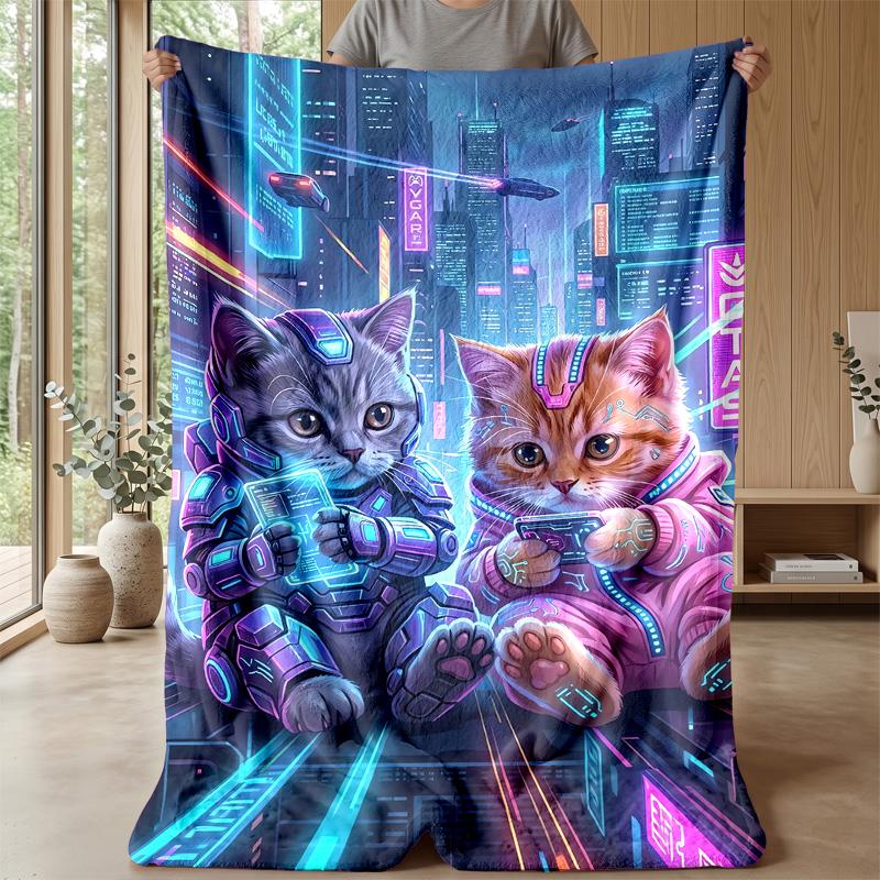 Neon Cat and Butterfly Theme blanket Lightweight Warm Flannel Blanket Decorative Throw Blanket for Home Decoration