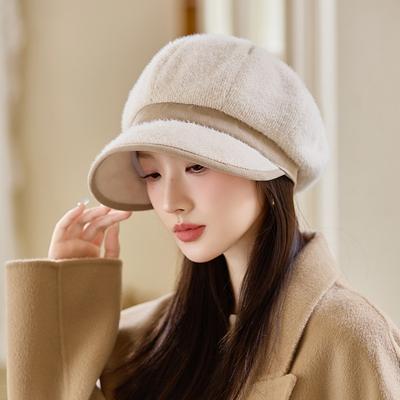 Vielseitiger Plüsch-Warmer Achteckiger Hut für Damen im Herbst und Winter, Winddicht, Ohrenschützer, Baskenmütze, Britischer Retro-Baseballhut