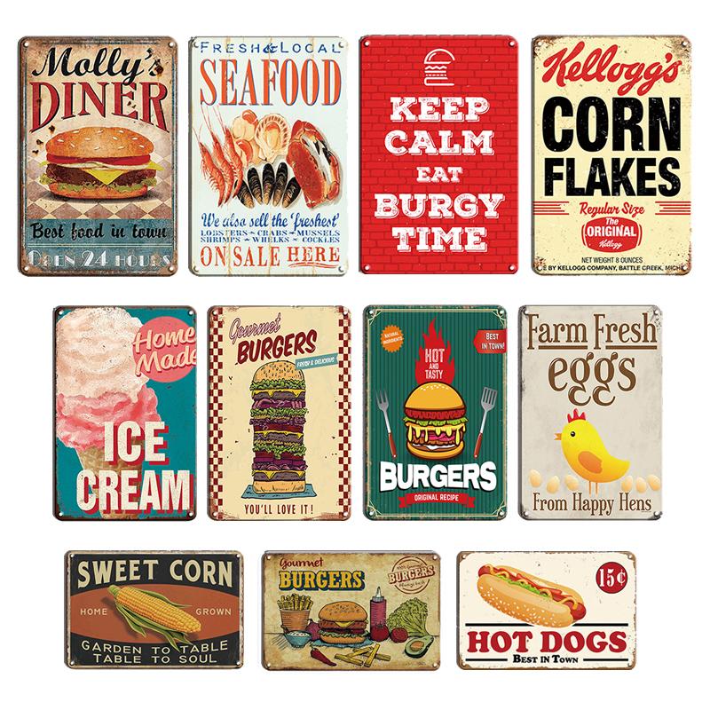 

Гамбургер Хот-доги Жестяная вывеска Винтажный фаст-фуд Магазин Декор Металлическая тарелка Яйца чили Металлическая настенная роспись Ресторан Кухонный декор