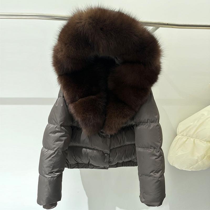 European Winter New Fox Big Fur Collar Hooded Short Down Jacket Women's White Duck Down Fashion Thickened Coat