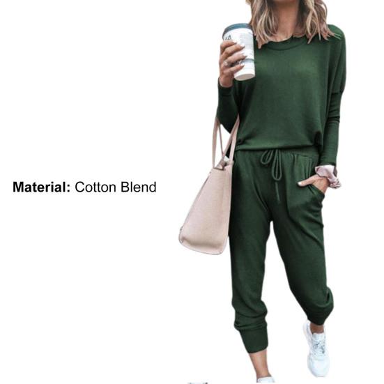 2 Pcs/Set Women Suit O Neck Solid Color Loose Simple Pants Suit for Daily Wear