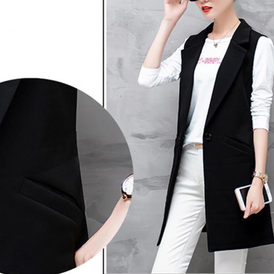 Women Long Suit Coat Sleeveless Mid Length Single Button Sleeveless Thin Pocket Cardigan Lapel Formal OL Commute Style Lady Jacket
