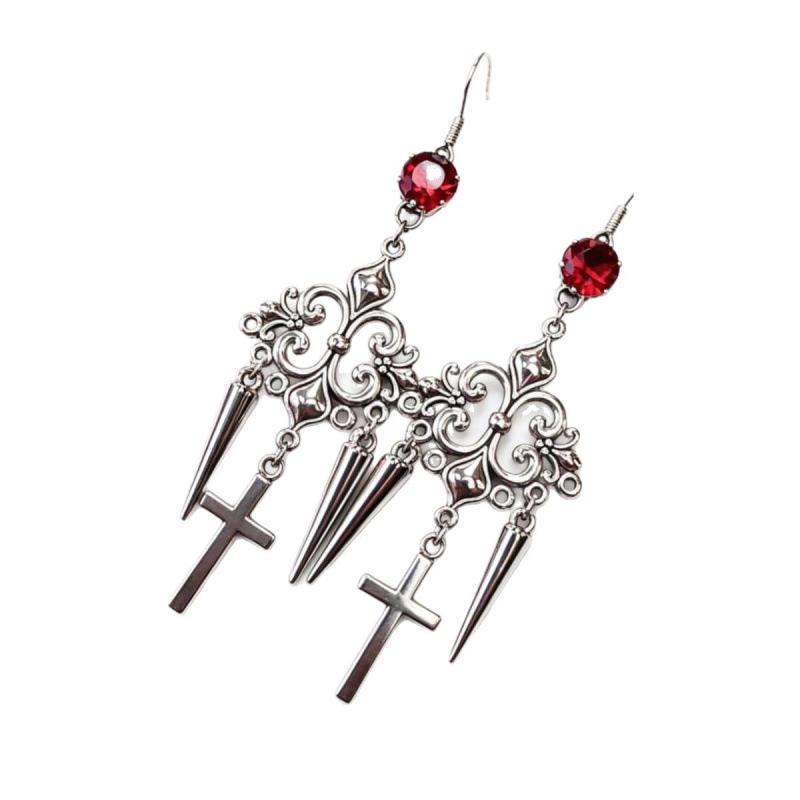 Foreign Trade Gothic Silver Cross Filigree Earrings